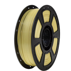 Spool of yellow filament on a black spool against a white background