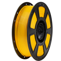Spool of yellow filament on a black reel against a white background