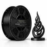 Spool of black 3D printing filament and a black 3D printed object on a white background