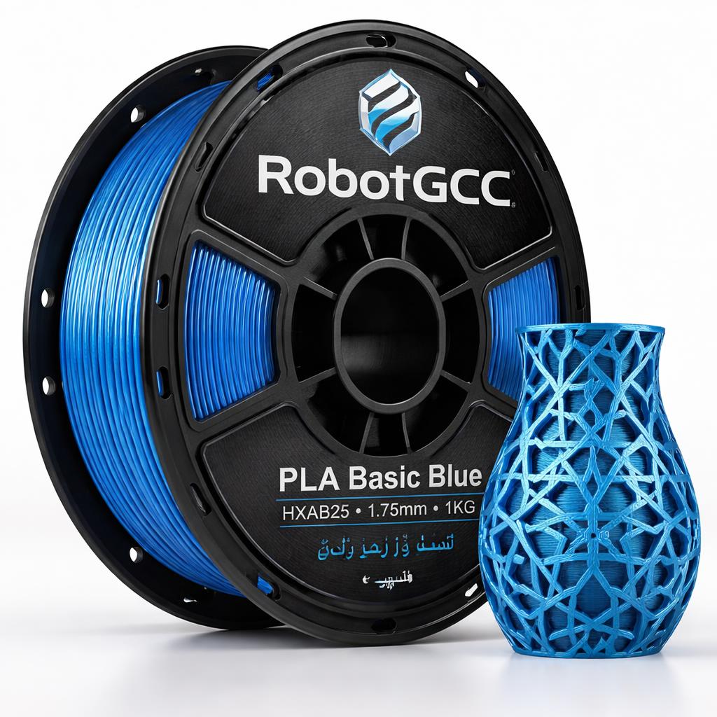 Spool of blue 3D printing filament with 'RobotGCC' branding and a blue 3D printed vase.