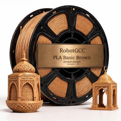 Spool of RobotGCC PLA Basic Brown filament with 3D prints on a white background