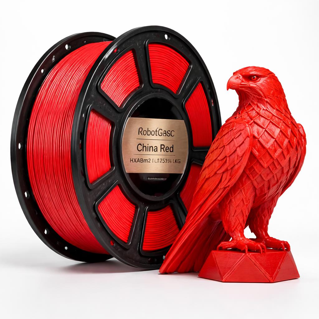 Red 3D printing filament spool next to a red falcon sculpture on a white background