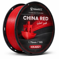 Spool of red 3D printing filament with RobotGCC branding on a white background