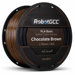 Spool of chocolate brown 3D printing filament with RobotGCC branding on a white background