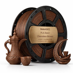 Spool of chocolate brown 3D printing filament with decorative items on a white background