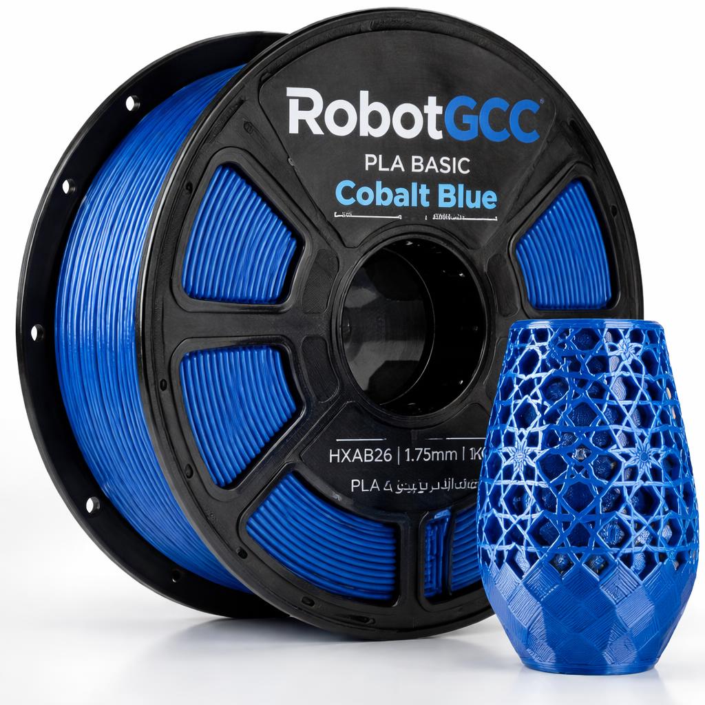 Spool of RobotGCC Cobalt Blue PLA filament with a 3D printed object on a white background