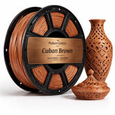 Spool of RobotGCC Cuban Brown filament with a decorative brown vase on a white background