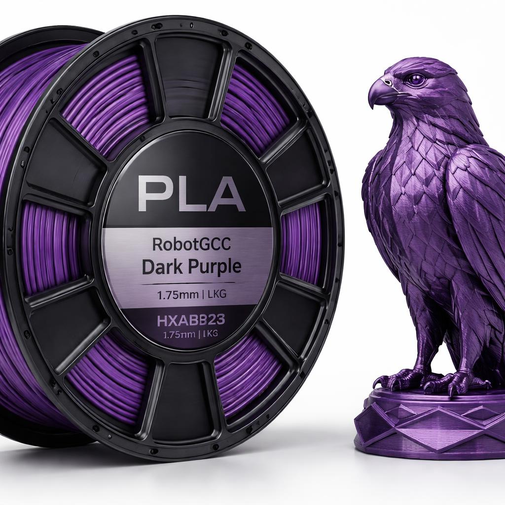 Spool of PLA filament labeled 'RobotGCC Dark Purple' next to a purple 3D-printed eagle sculpture.