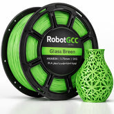 Spool of green 3D printing filament with a printed green vase on a white background, featuring the brand 'RobotGCC'.