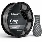 Spool of gray 3D printing filament with a 3D printed object on a white background, featuring RobotGCC branding.