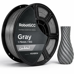Spool of gray 3D printing filament with a 3D printed object on a white background, featuring RobotGCC branding.