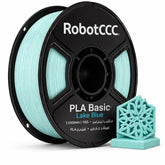 Spool of RobotCCC PLA Basic Lake Blue 3D printing filament with a printed object on a white background