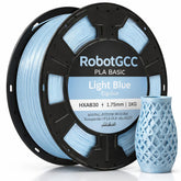 Spool of RobotGCC PLA Basic light blue filament with a 3D printed vase on a white background
