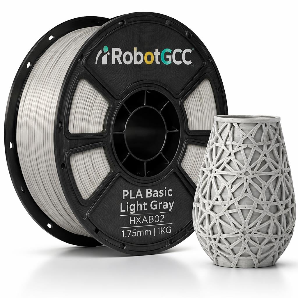Spool of light gray 3D printing filament with RobotGCC branding on a white background