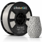 Spool of light gray 3D printing filament with RobotGCC branding on a white background