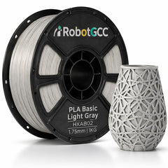 Spool of light gray 3D printing filament with RobotGCC branding on a white background