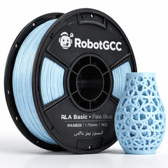 Spool of RobotGCC blue 3D printing filament and a printed blue vase on a white background