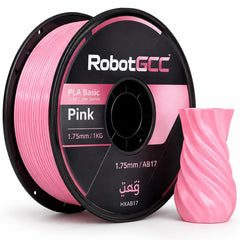 Spool of pink 3D printing filament with 'RobotGcc' branding on a white background