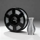 Spool of filament and a 3D printed vase on a gray background with 'RobotGCC' branding.