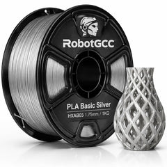 Spool of RobotGCC PLA Basic Silver 3D printing filament with a printed object on a white background