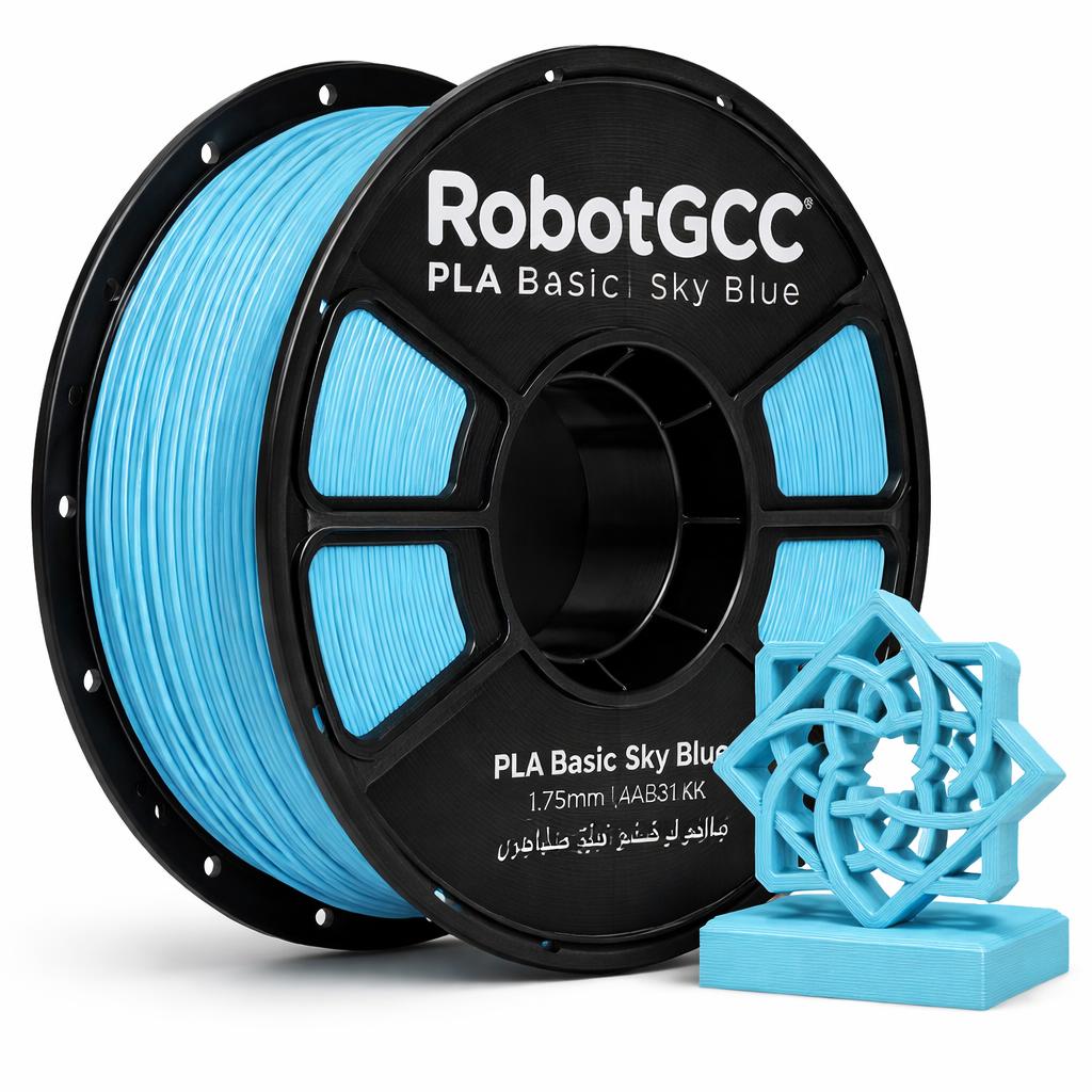 Spool of RobotGCC PLA Basic Sky Blue filament with a 3D printed object on a white background