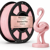 Spool of pink 3D printing filament and a pink flamingo figurine on a white background