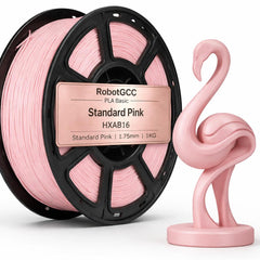 Spool of pink 3D printing filament and a pink flamingo figurine on a white background
