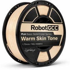 Spool of filament labeled 'RobotGCC Warm Skin Tone' on a white background