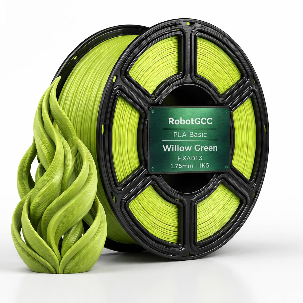 Spool of green 3D printing filament with 'RobotGCC' label on a white background
