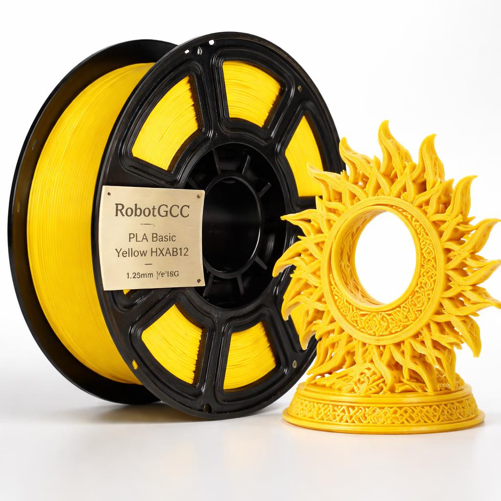 Spool of yellow 3D printing filament and a printed object on a white background