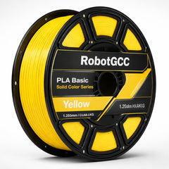 Yellow spool of filament with 'RobotGCC' branding on a white background