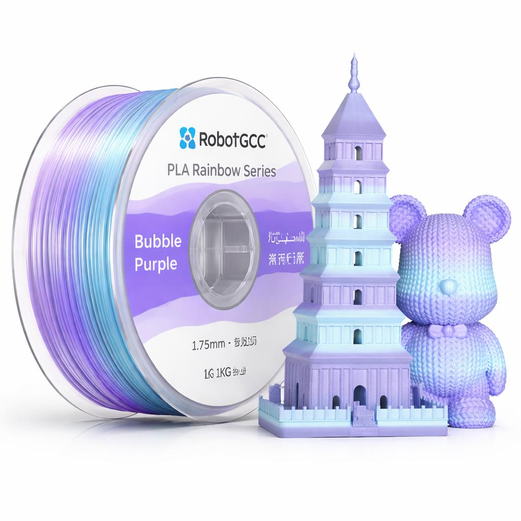 Spool of RobotGCC PLA filament and a 3D printed tower and bear figure in Bubble Purple color.