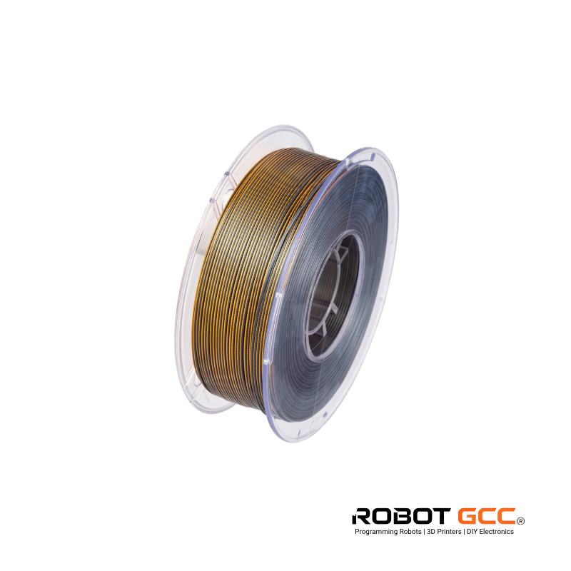 Spool of gold filament on a white background with Robot GCC branding.
