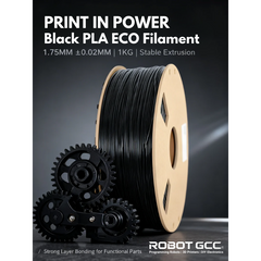 Spool of black PLA ECO filament with gears on a dark background, featuring Robot GCC branding.