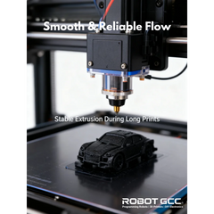 3D printer in action with a car model on a white background, featuring text about smooth and reliable flow.