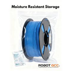 Blue spool of filament with moisture absorber and 'Robot GCC' branding on a white background.