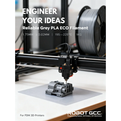 3D printer with filament spool and printed object, featuring Robot GCC branding.