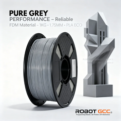 Spool of pure grey FDM material with a 3D printed sculpture on a white background, featuring Robot GCC branding.