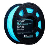 Spool of glow blue 3D printing filament with 'RobotGCC' branding on a dark background
