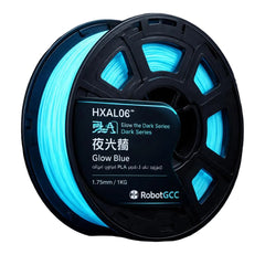 Spool of glow blue 3D printing filament with 'RobotGCC' branding on a dark background