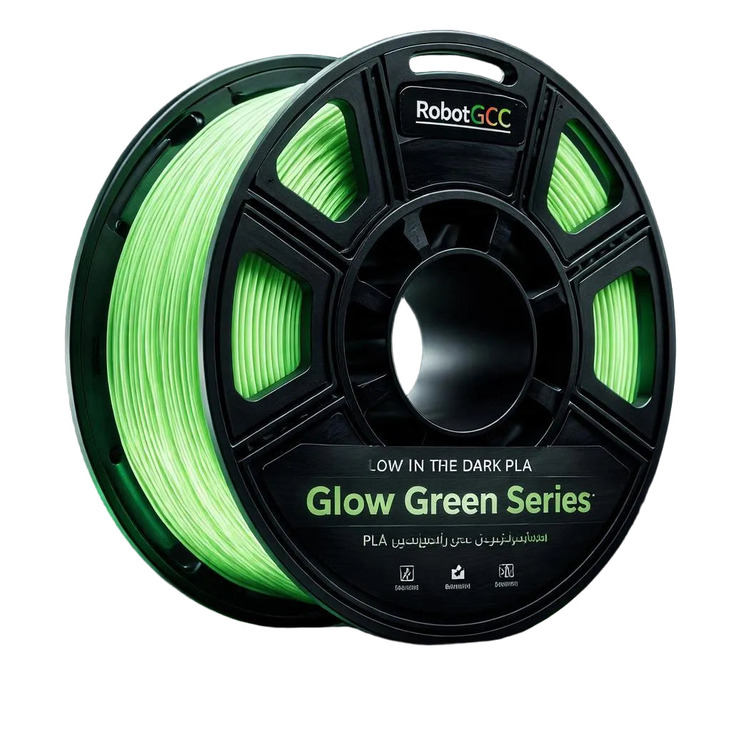 Spool of glow-in-the-dark green 3D printing filament with 'RobotGCC' branding on a dark background.