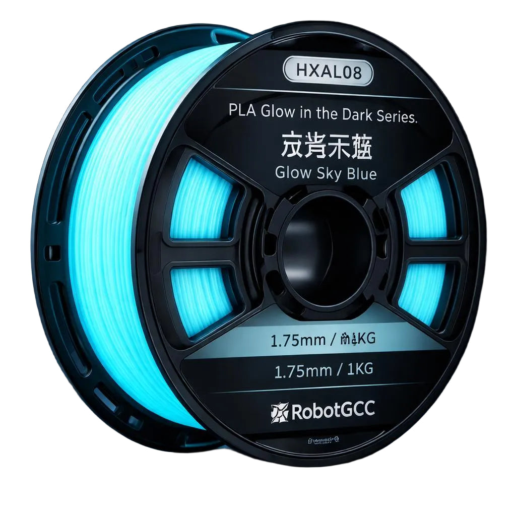 Spool of glow-in-the-dark 3D printing filament with 'RobotGCC' branding on a dark background