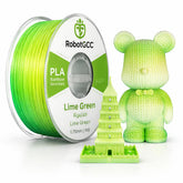 Spool of Lime Green PLA filament with a 3D printed model and toy bear on a white background