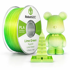 Spool of Lime Green PLA filament with a 3D printed model and toy bear on a white background