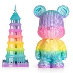 Colorful toy bear and tower on a white background