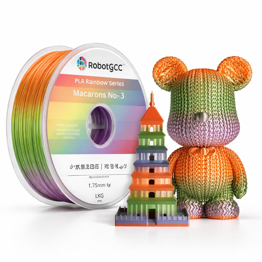 Spool of rainbow-colored 3D printing filament and a knitted toy with a colorful tower model.