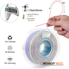 Spool of multicolored 3D printing filament with measurement details and 'Robot GCC' branding.
