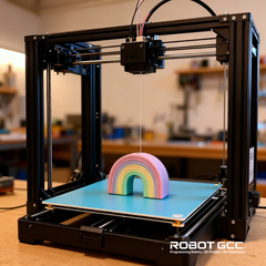 3D printer with a colorful rainbow object on a blurred workshop background