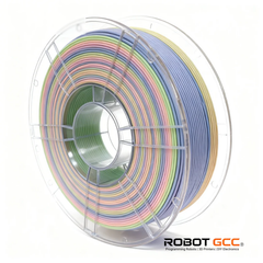 Spool of multicolored 3D printing filament with Robot GCC branding on a white background