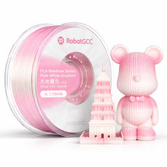 Pink and white gradient 3D printing filament spool with a small pink and white model and toy figure on a white background.